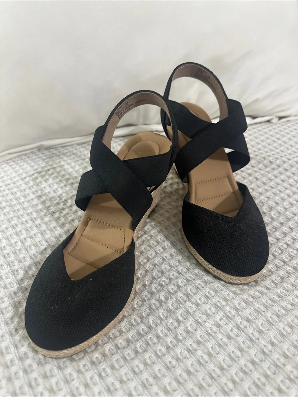 Kelly & Katie Black Espadrille Wedge Sandals with Crisscross Straps